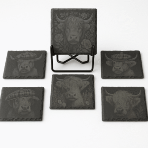 Engraved Slate Coaster Set Of 6 With Holder – Highland Cow Series