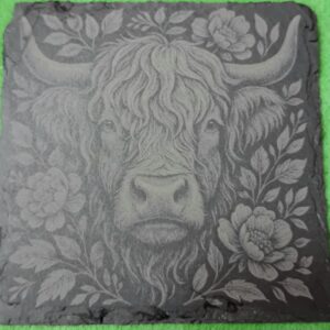 Engraved Slate Coaster – Highland Cow Design 1