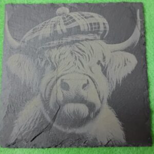 Engraved Slate Coaster – Highland Cow Design 2