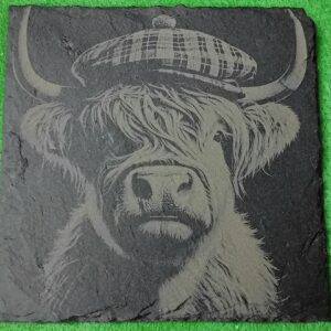 Engraved Slate Coaster – Highland Cow Design 3
