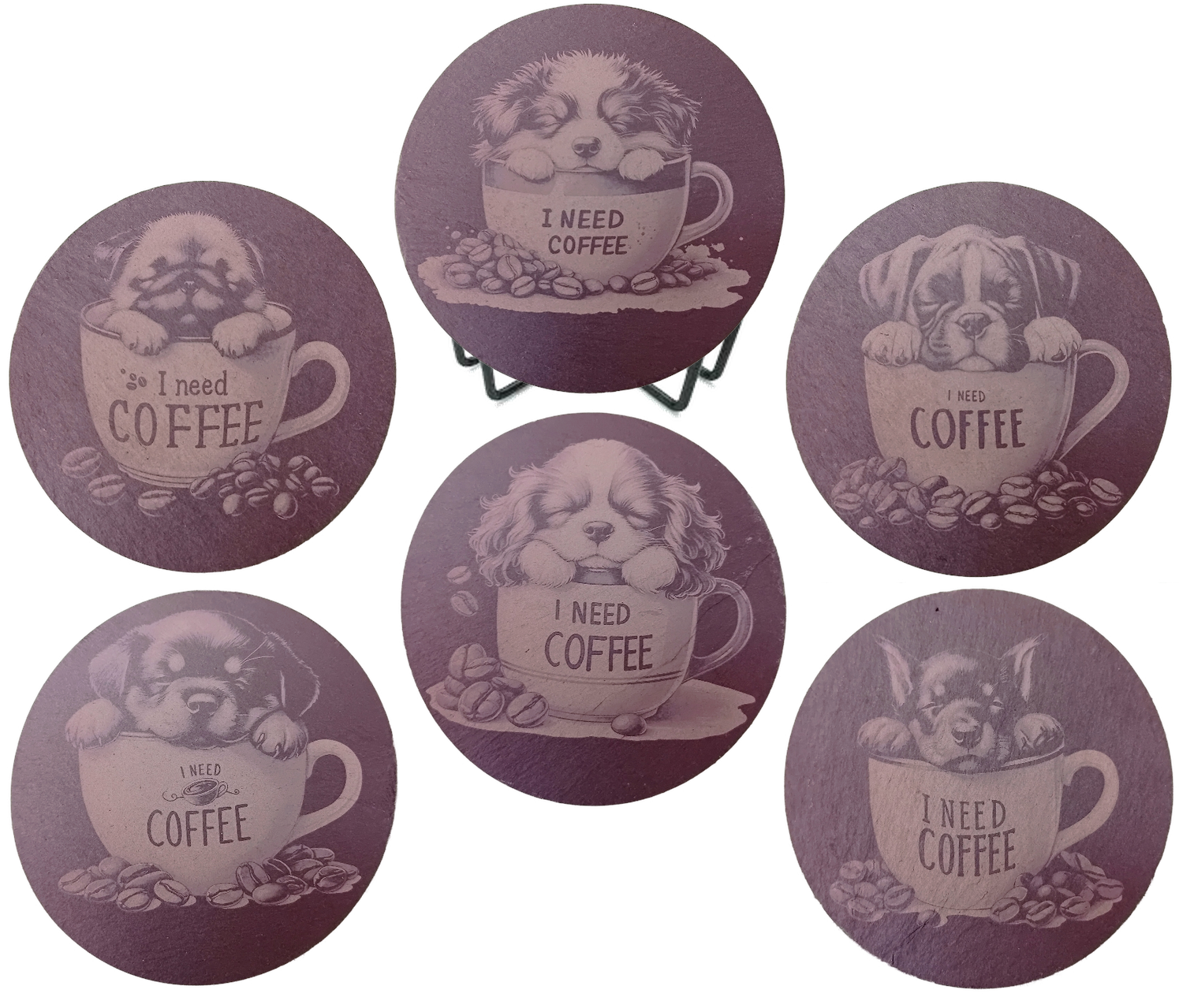 Engraved Slate Coaster Set Of 6 With Holder – I Need Coffee Pup Series